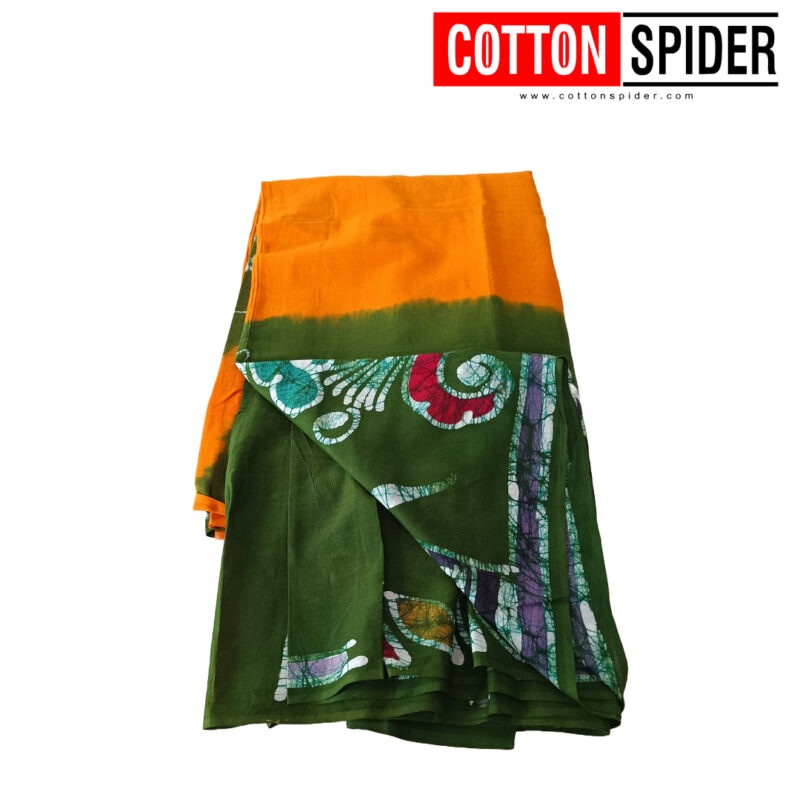 Khadi Yellow & Green Elephant  Design Saree - Image 3