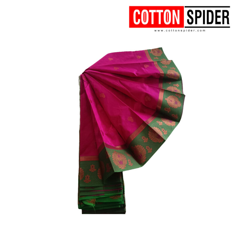Soft Silk Pink Saree with Green Border - Image 3