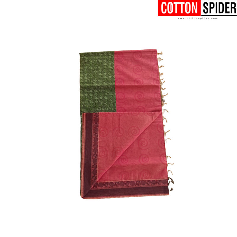Emboster Olive Green with  Diffrent Pink Design Saree - Image 2