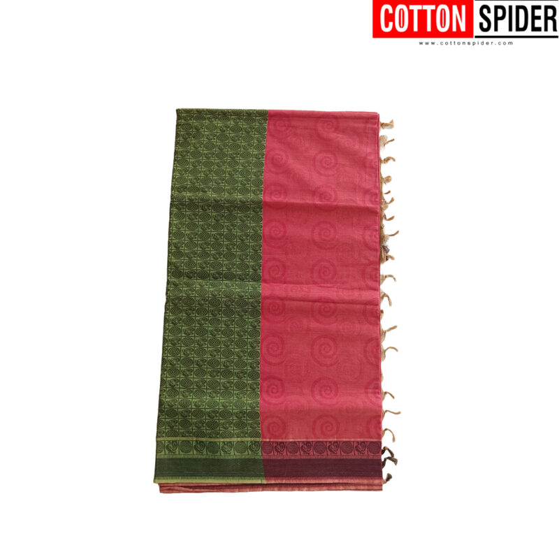 Emboster Olive Green with  Diffrent Pink Design Saree - Image 3