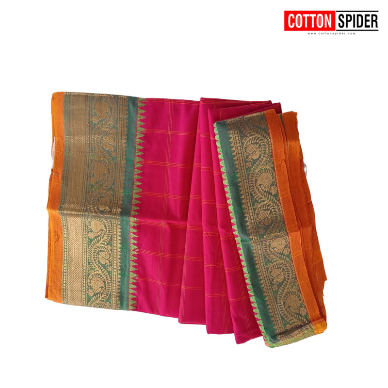 Chettinad Pink with Green Design & Yellow Border