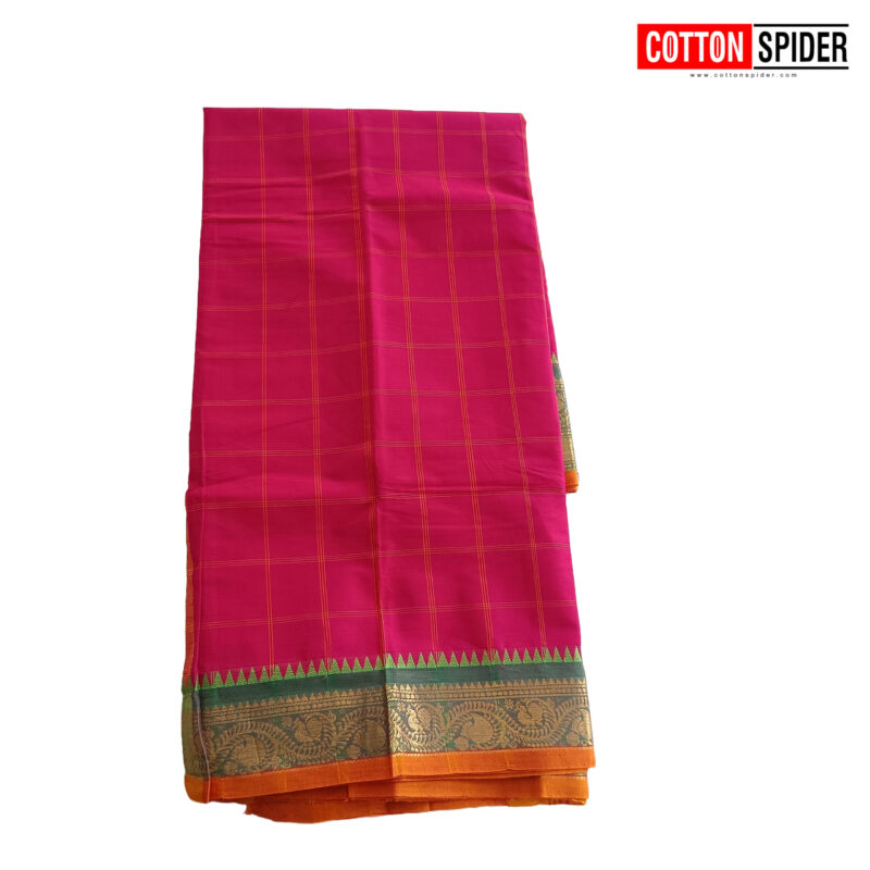 Chettinad Pink with Green Design & Yellow Border - Image 3