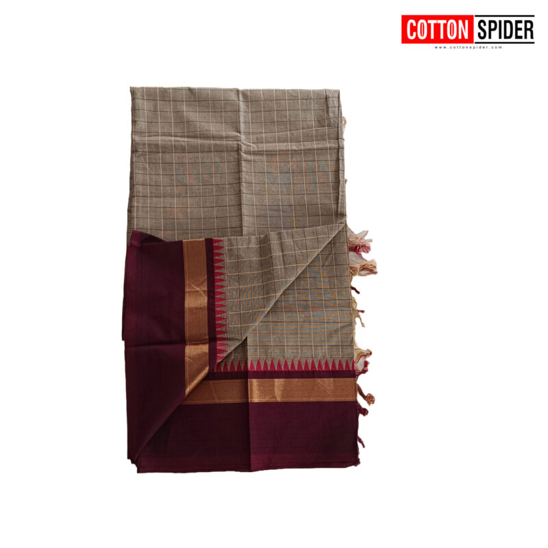 Chettinad Brown Shnade with Meroon Border Saree - Image 2