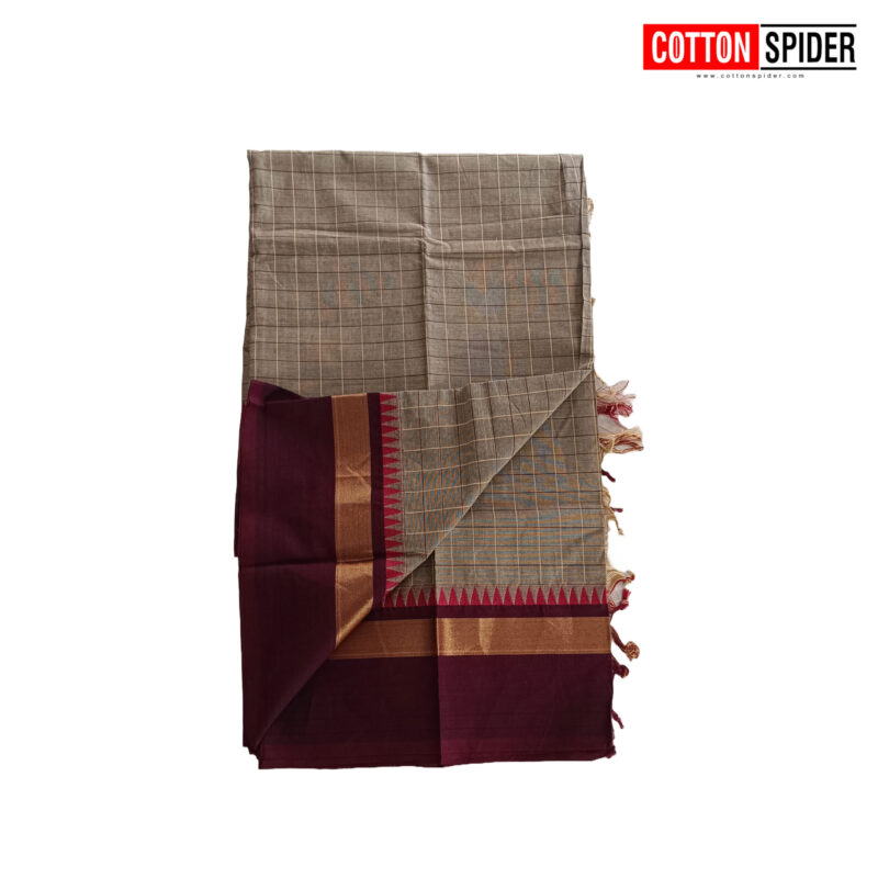 Chettinad Brown Shnade with Meroon Border Saree - Image 3