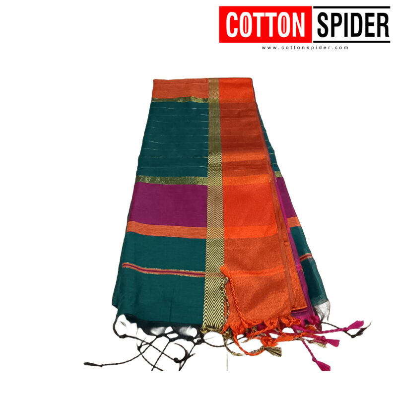 Khadi Orange  &  Green Saree - Image 2