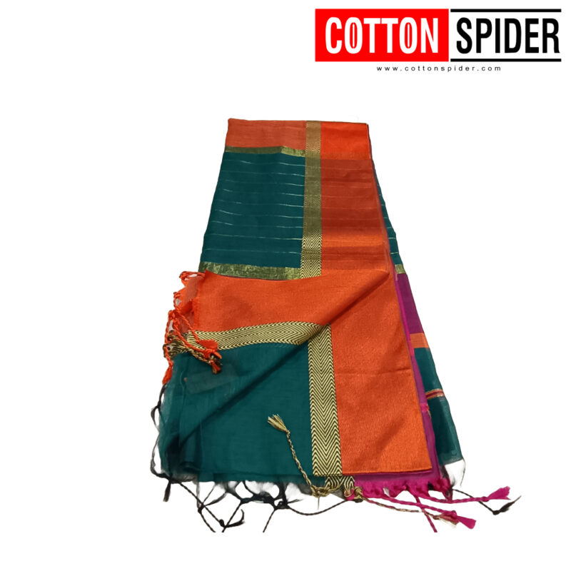 Khadi Orange  &  Green Saree - Image 3