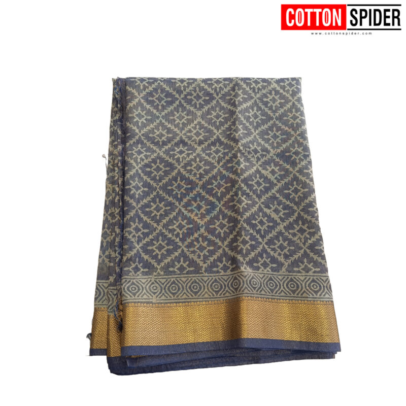 Tissue  Blue Saree With Gold Border - Image 3