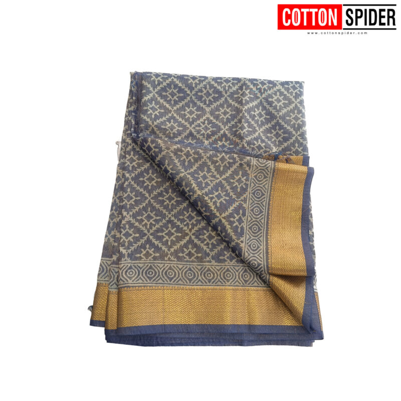 Tissue  Blue Saree With Gold Border - Image 2