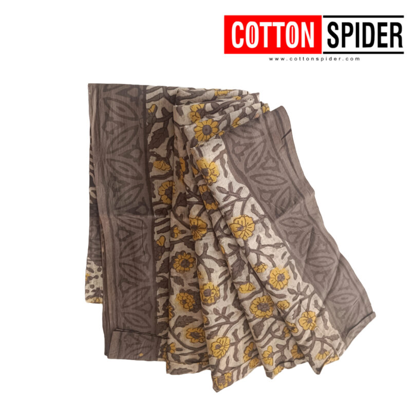 MulMul Grey & Yellow Flower Saree