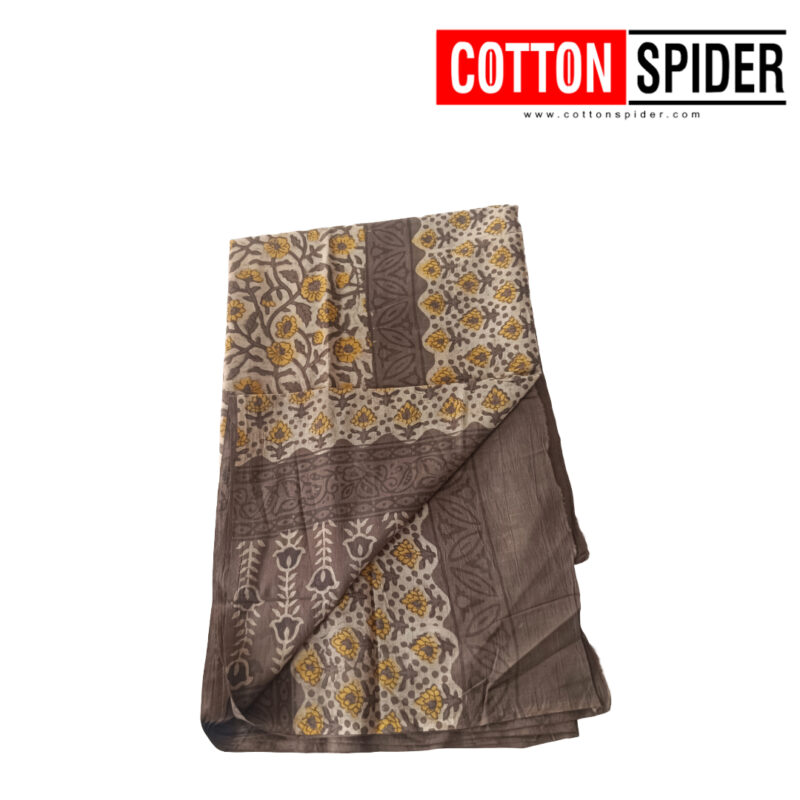 MulMul Grey & Yellow Flower Saree - Image 3