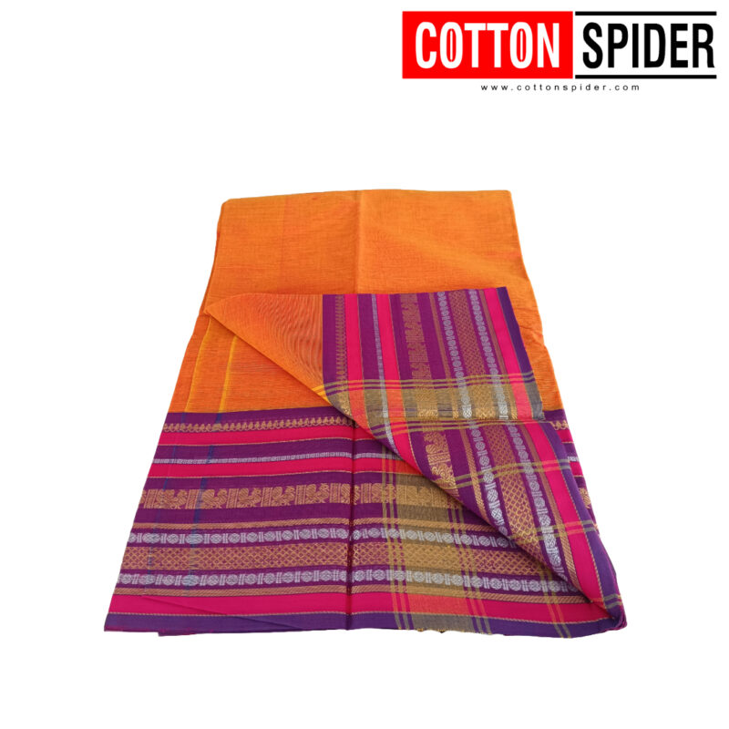 Chettinad  Yellow Saree with Pink Border - Image 3