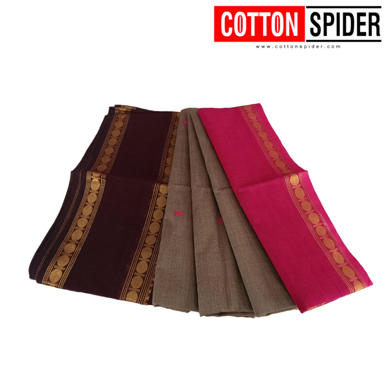 Chettinad Grey Saree with Brown & Pink Border