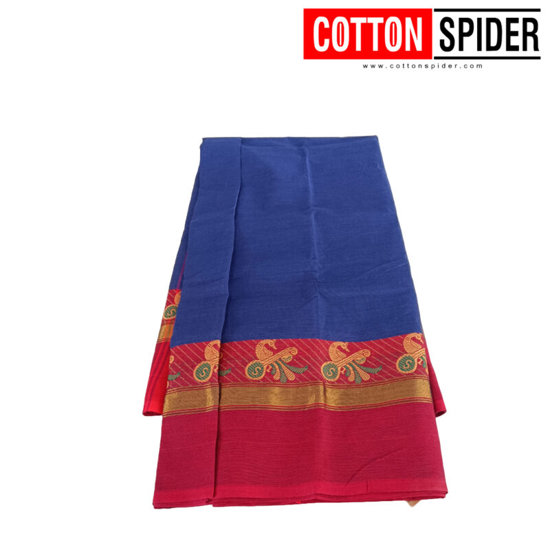 Chettinad Blue Saree with Red Border - Image 2
