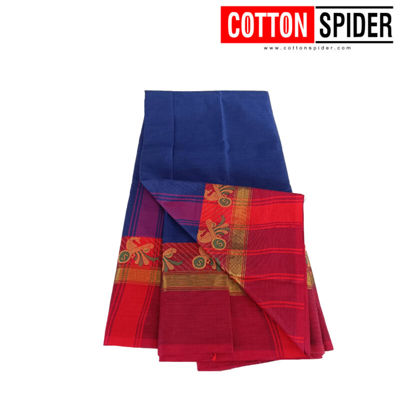 Chettinad Blue Saree with Red Border - Image 3