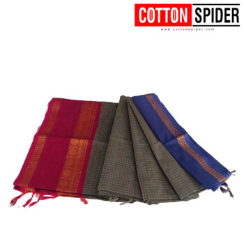 Chettinad Grey Saree with Pink & Blue Border