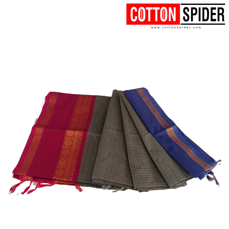 Chettinad Grey Saree with Pink & Blue Border