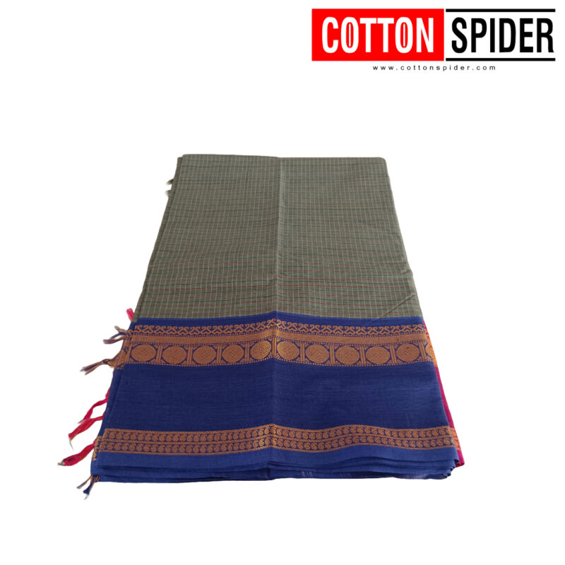 Chettinad Grey Saree with Pink & Blue Border - Image 2