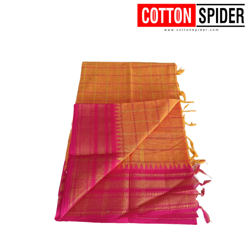 Chettinad  Yellow Saree  with Pink Border - Image 3