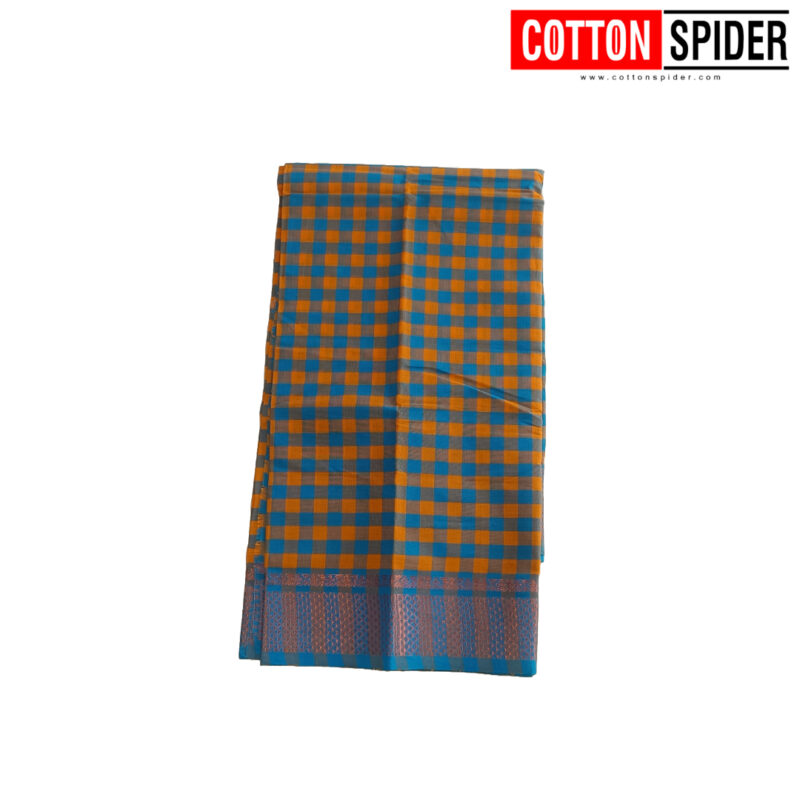 Chettinad Blue & Yellow Checked Saree - Image 3