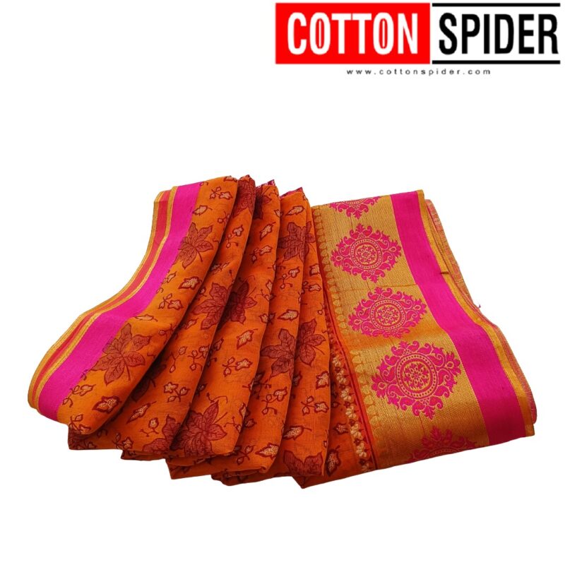 Fancy Cotton Orange  Saree with Pink Border