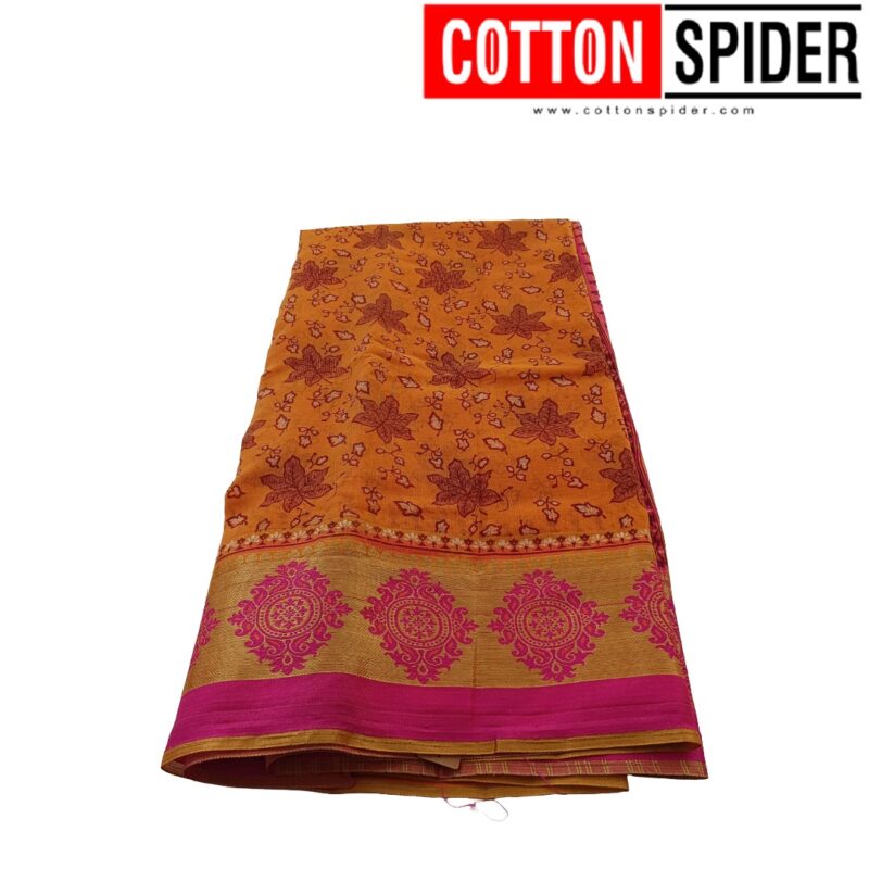 Fancy Cotton Orange  Saree with Pink Border - Image 2
