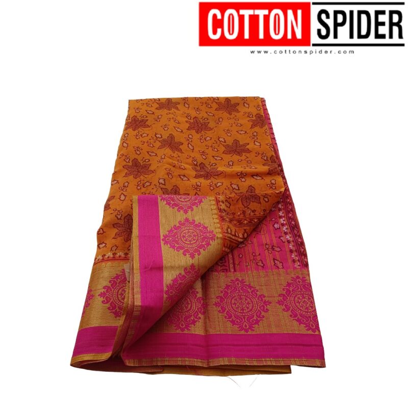 Fancy Cotton Orange  Saree with Pink Border - Image 3