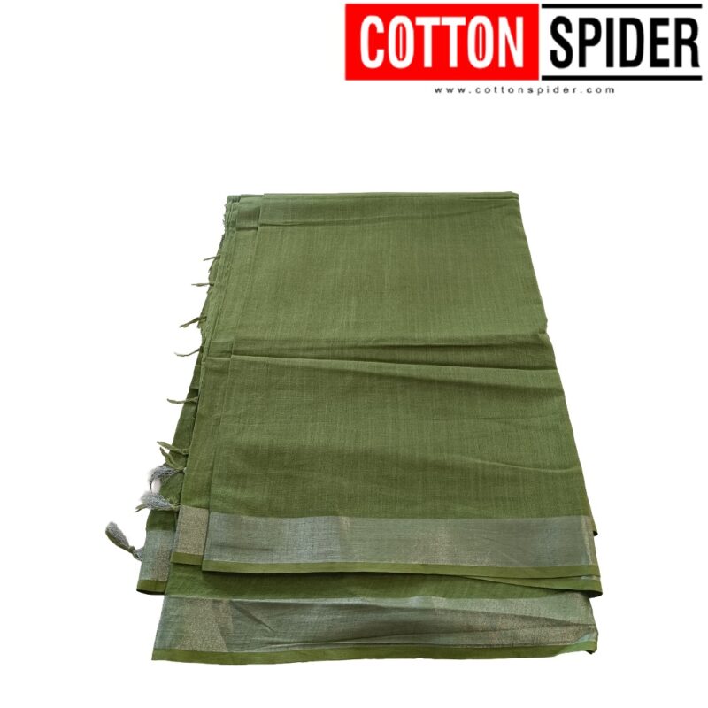 Linen Green Saree with Silver Border - Image 2