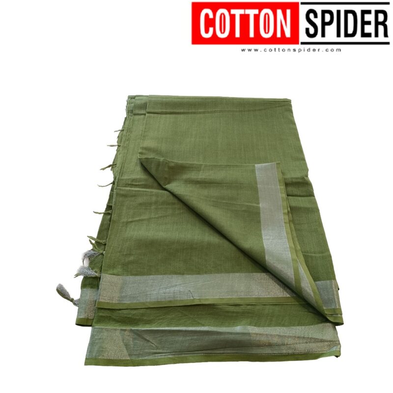 Linen Green Saree with Silver Border - Image 3