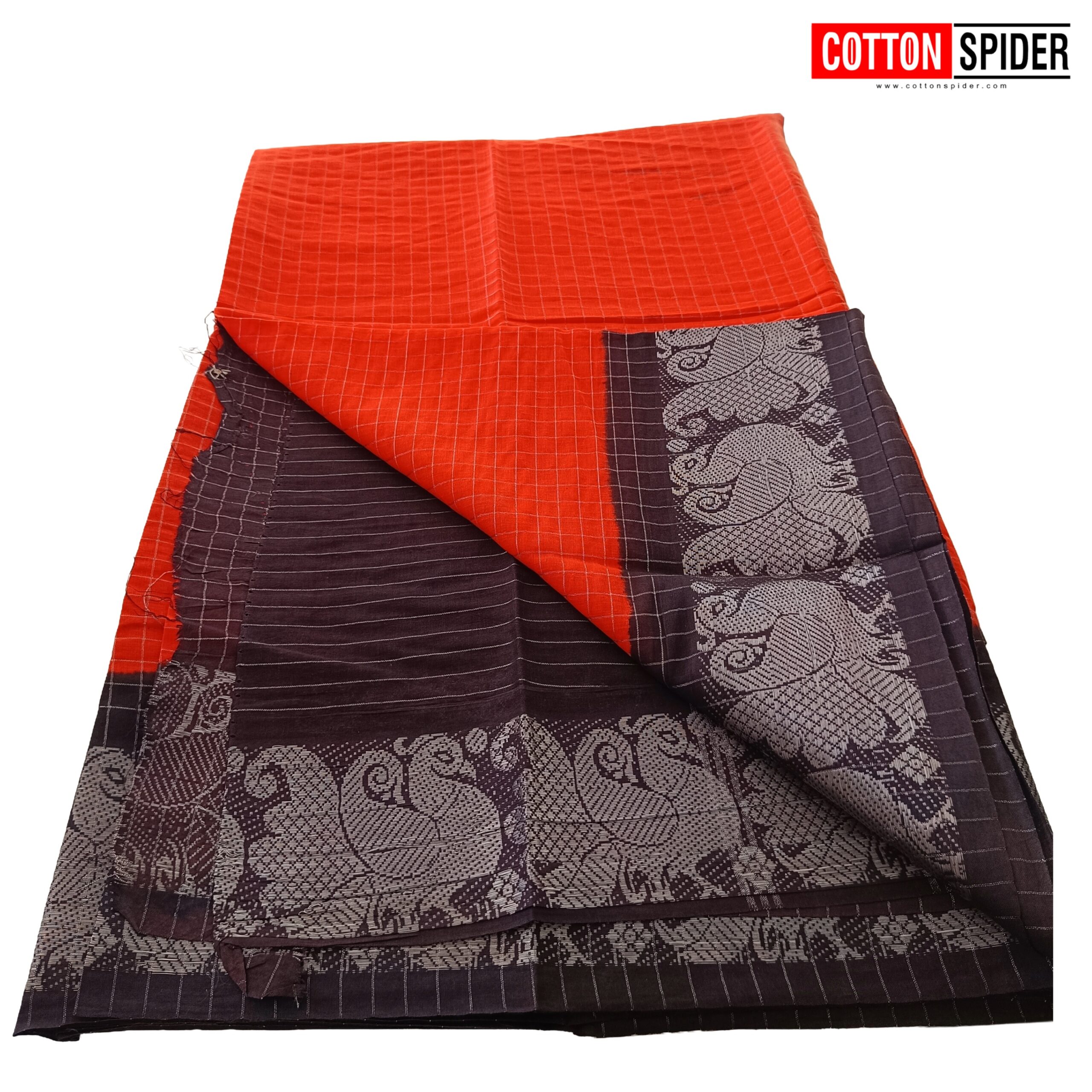 Sungadi Orange Saree with Dark Blue Border Saree - Image 2